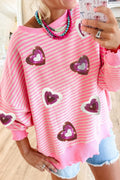 Valentine’s Day Sequin Heart Striped Round Neck Long Sleeve Sweatshirt - Teresa's Fashionista LLC