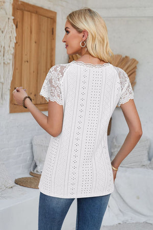 Eyelet V-Neck Lace Short Sleeve T-Shirt-Teresa's Fashionista LLC