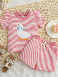 Children's Duck Embroidered Ruffle Sleeve Striped Top and Shorts Set