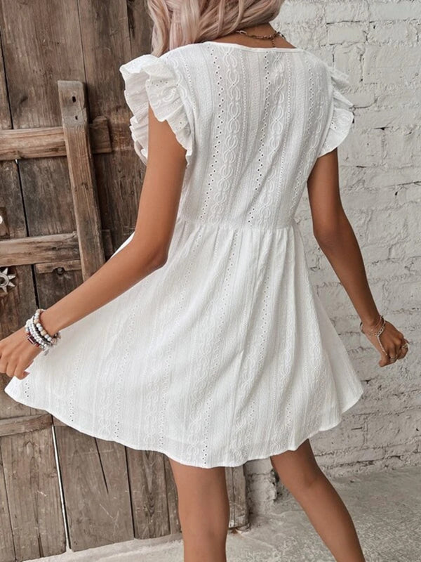 Eyelet Ruffled Cap Sleeve Mini Dress-Teresa's Fashionista LLC