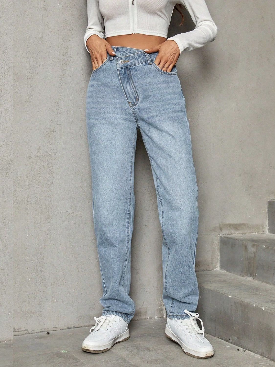 Asymmetric Waist Jeans with Pockets - Teresa's Fashionista LLC