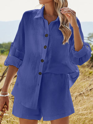 Texture Button Up Shirt and Shorts Set-Teresa's Fashionista LLC