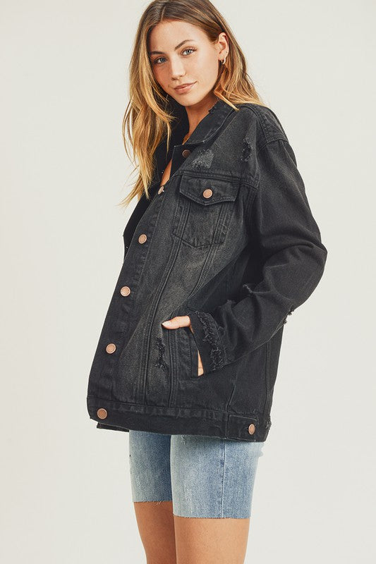 RISEN Full Size Distressed Long Sleeve Denim Jacket - Teresa's Fashionista LLC