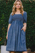 ODDI Full Size Washed Smocked Puff Sleeve Dress-Teresa's Fashionista LLC