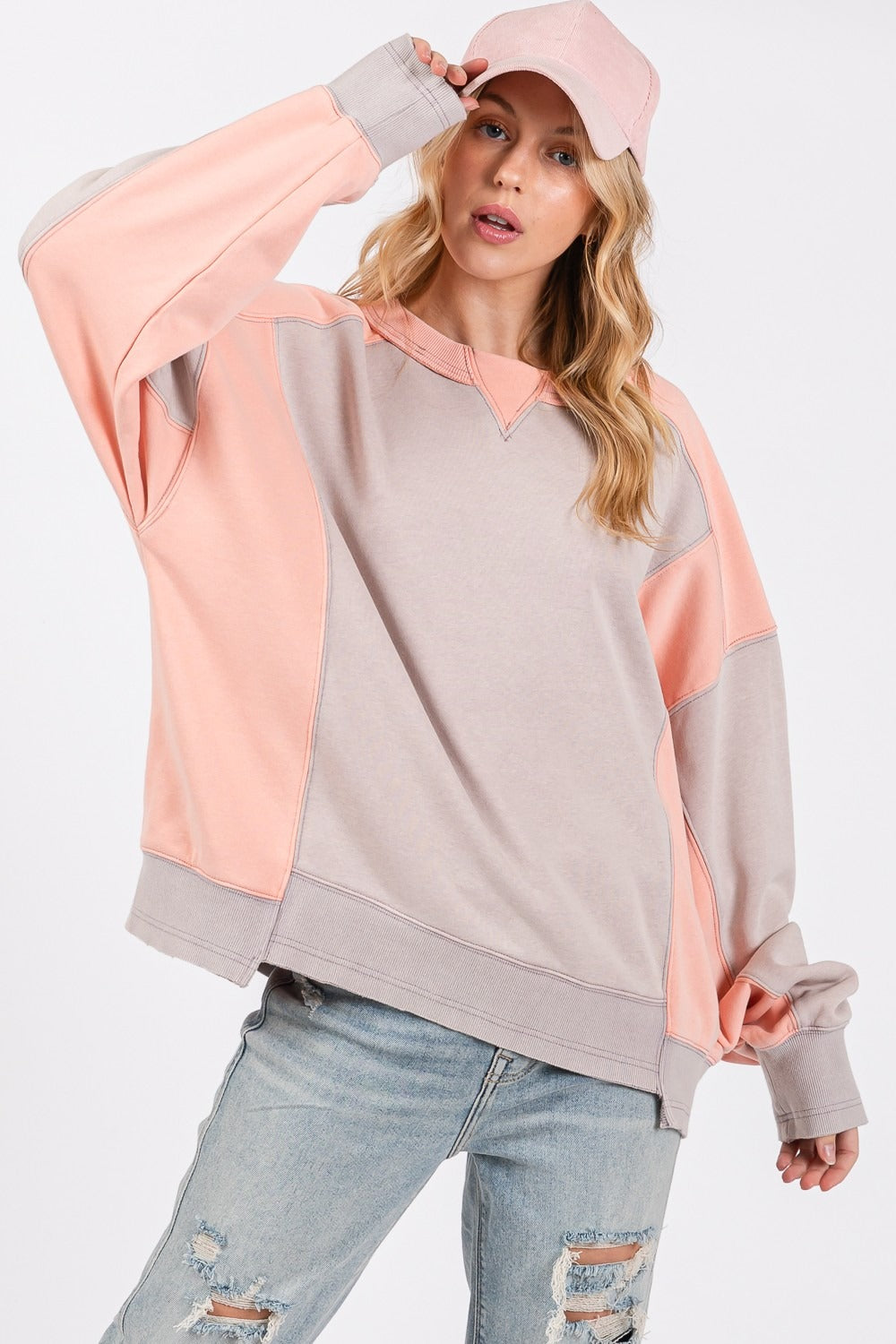 SAGE + FIG Color Block Round Neck Sweatshirt - Teresa's Fashionista LLC