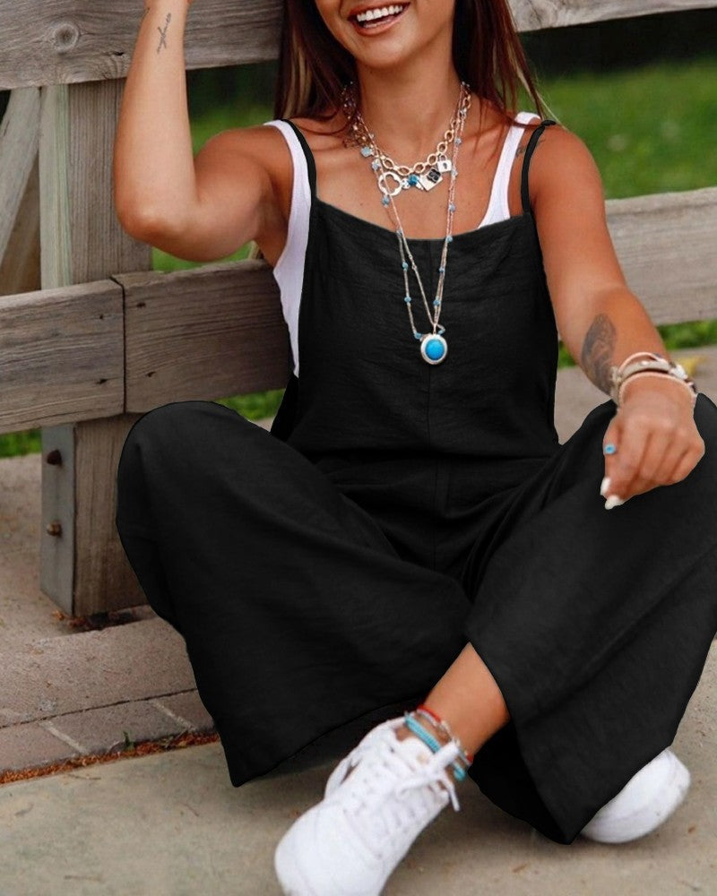 Women's Sleeveless Jumpsuit With Pockets And Adjustable Shoulder Strap Fashion Loose Wide Leg Straight Overalls Summer Beach Trousers - Teresa's Fashionista LLC