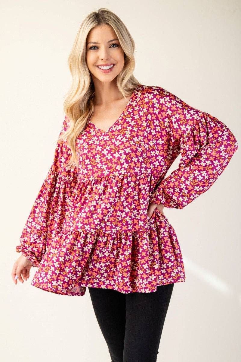 Celeste Full Size Floral V-Neck Balloon Sleeve Blouse - Teresa's Fashionista LLC