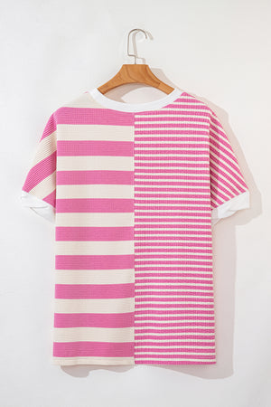 High-Low Striped Round Neck Short Sleeve T-Shirt - Teresa's Fashionista LLC