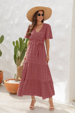 Swiss Dot Tied Surplice Short Sleeve Dress-Teresa's Fashionista LLC