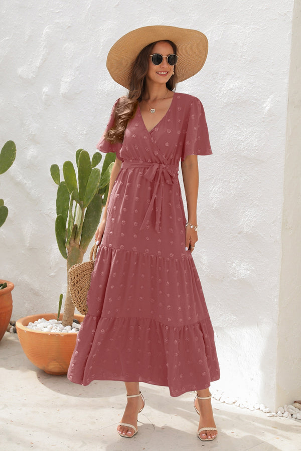 Swiss Dot Tied Surplice Short Sleeve Dress-Teresa's Fashionista LLC