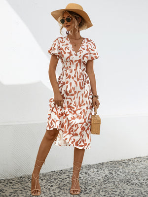 Printed V-Neck Short Sleeve Dress-Teresa's Fashionista LLC