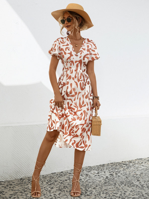 Printed V-Neck Short Sleeve Dress-Teresa's Fashionista LLC