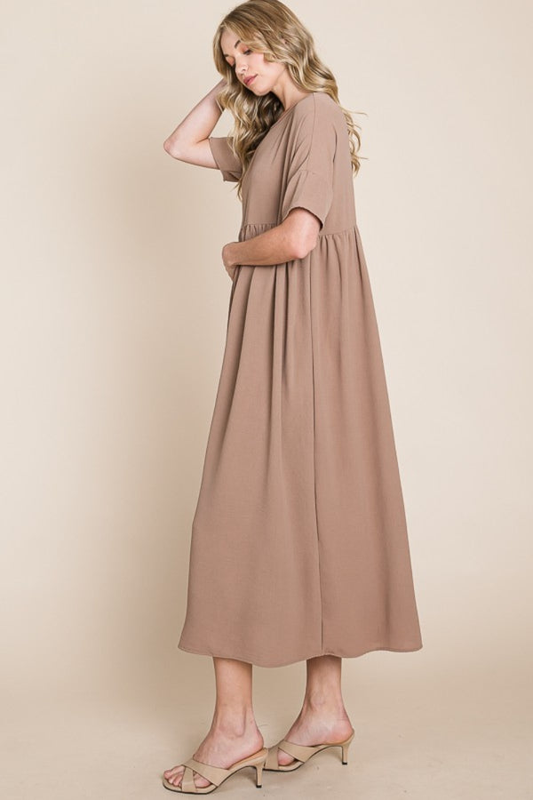 BOMBOM Round Neck Ruched Midi Dress-Teresa's Fashionista LLC