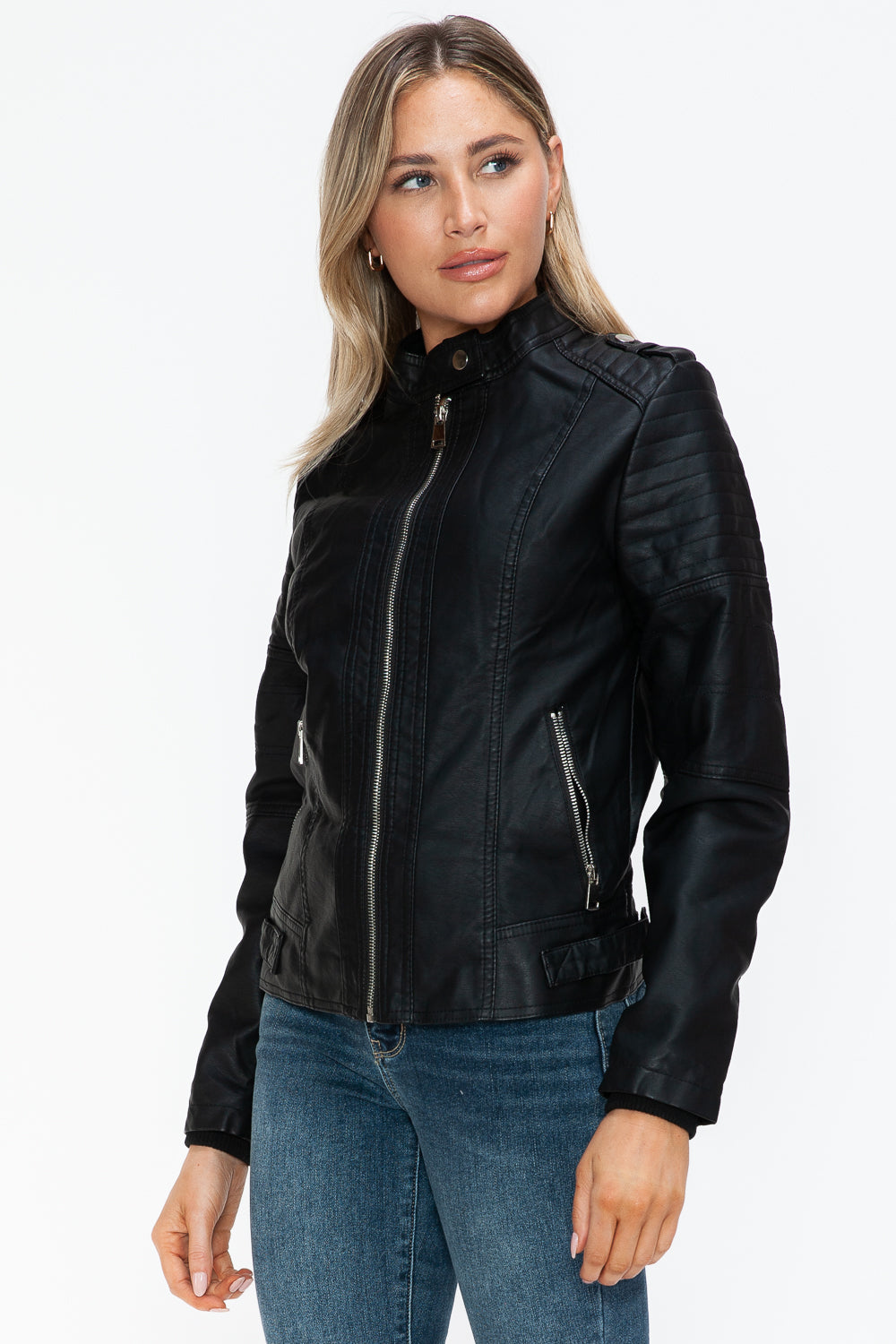 Snobbish PU Leather Biker Jacket with Side Zip Pockets - Teresa's Fashionista LLC