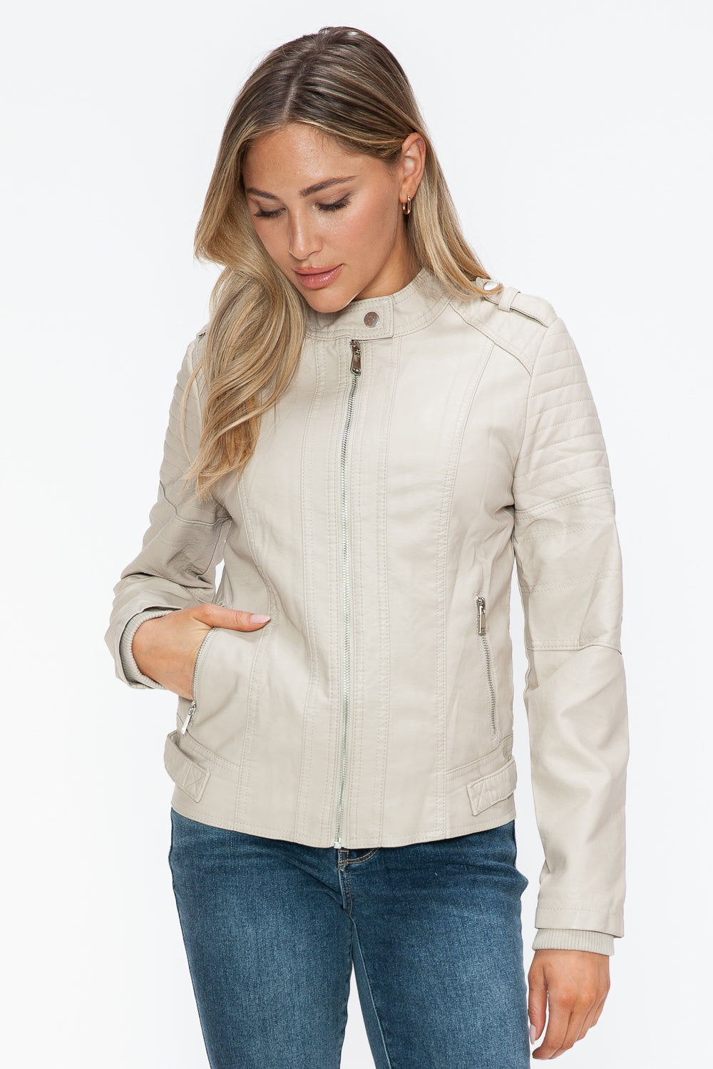 Snobbish PU Leather Biker Jacket with Side Zip Pockets - Teresa's Fashionista LLC