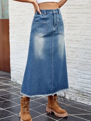 Raw Hem Buttoned Denim Skirt with Pockets-Teresa's Fashionista LLC
