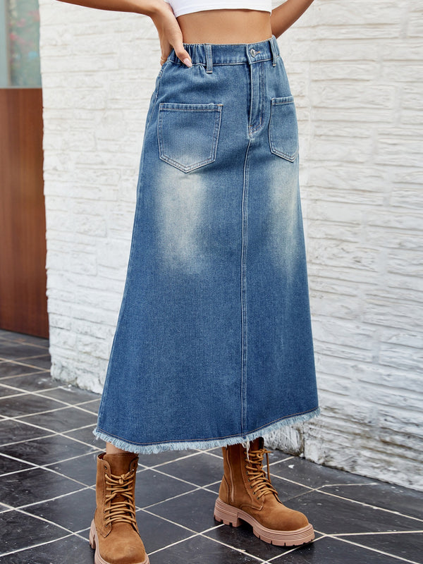 Raw Hem Buttoned Denim Skirt with Pockets-Teresa's Fashionista LLC