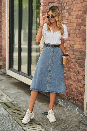 Button Front A-Line Denim Skirt-Teresa's Fashionista LLC