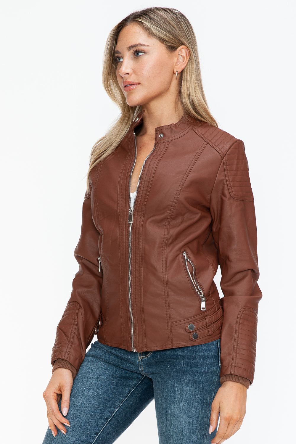 Snobbish Faux Leather Biker Jacket with Side Zip Pockets - Teresa's Fashionista LLC