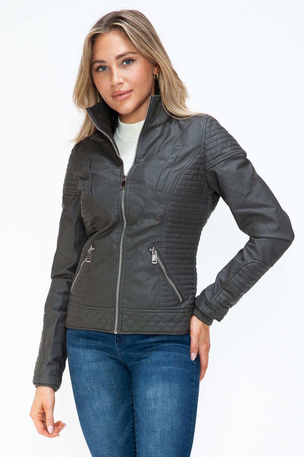 YMI Faux Layered Double-Zipper Jacket with Fuzzy Hood - Teresa's Fashionista LLC