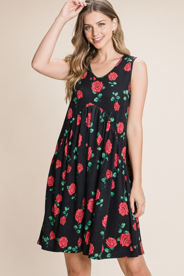 BOMBOM Floral Ruched Tank Dress-Teresa's Fashionista LLC
