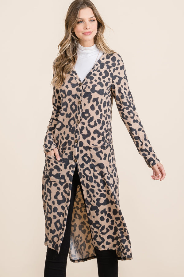 Celeste Full Size Leopard V-Neck Long Sleeve Cardigan - Teresa's Fashionista LLC