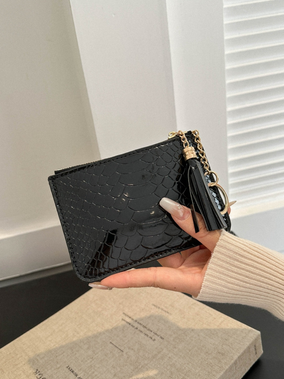 PU Leather Tassel Trim Card Case-Teresa&#39;s Fashionista LLC
