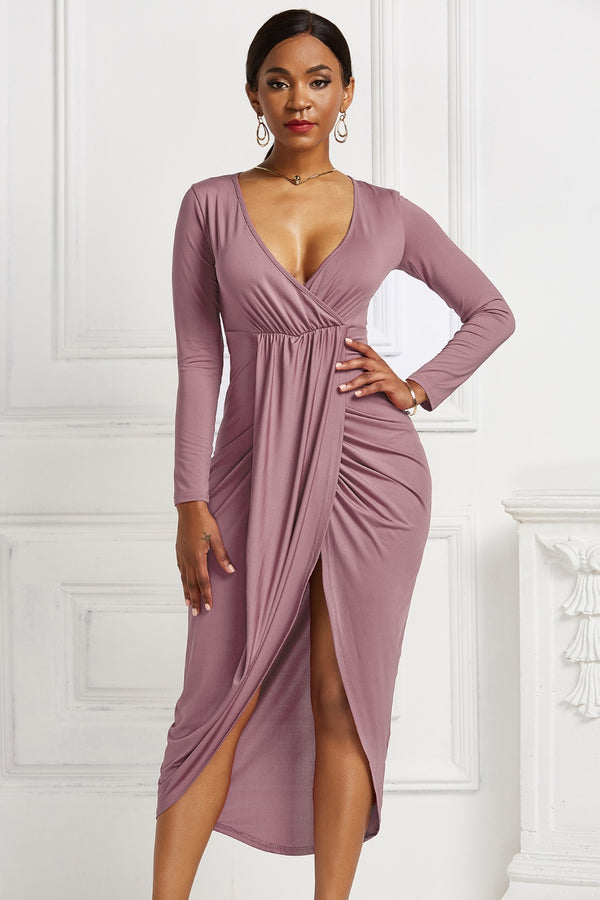 High-low Ruched Surplice Long Sleeve Dress-Teresa's Fashionista LLC