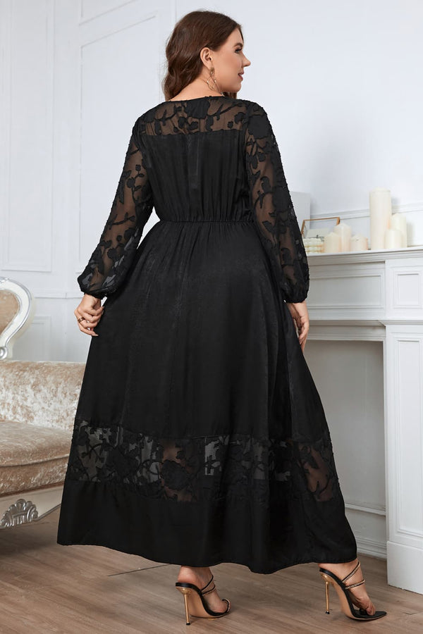 Melo Apparel Plus Size Embroidery Round Neck Long Sleeve Maxi Dress-Teresa's Fashionista LLC