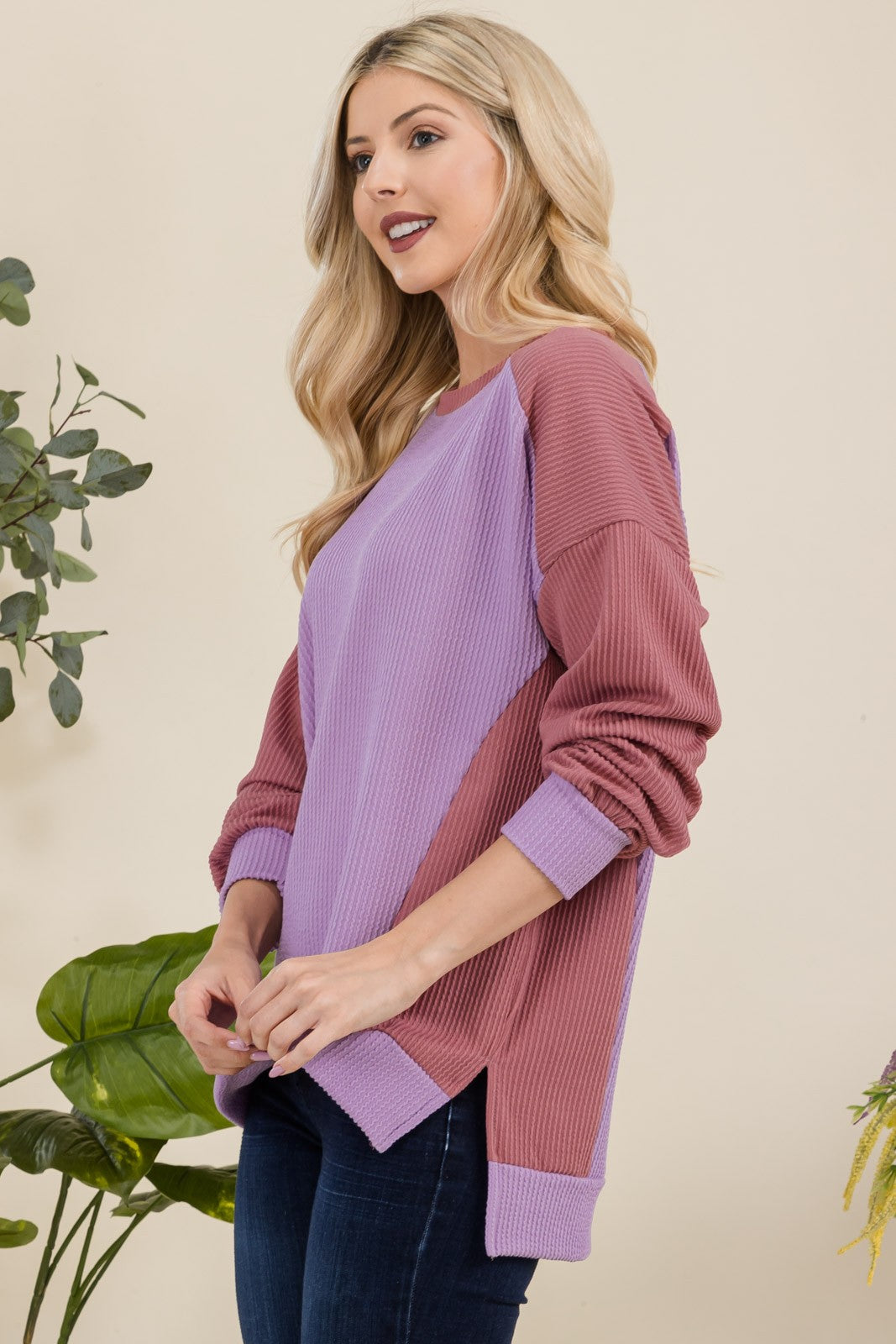 Celeste Full Size High-Low Contrast Round Neck Sweatshirt - Teresa's Fashionista LLC