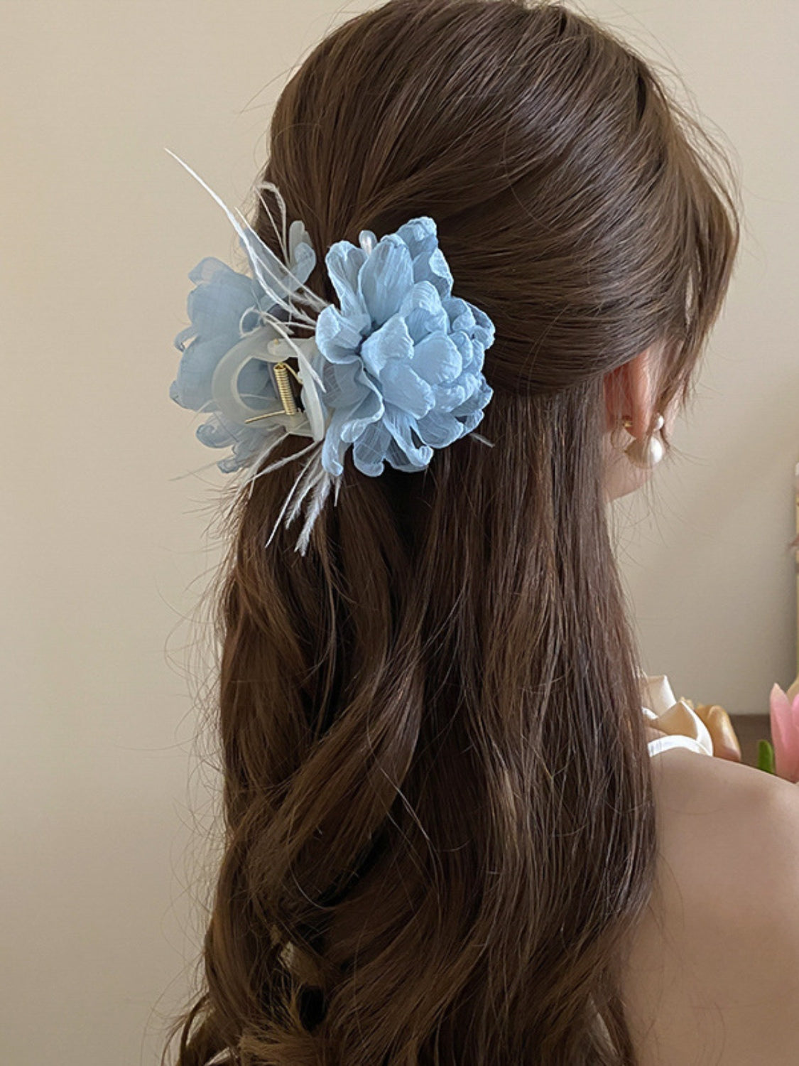 Feather Trim Flower Shape Hair Claw Clip - Teresa's Fashionista LLC