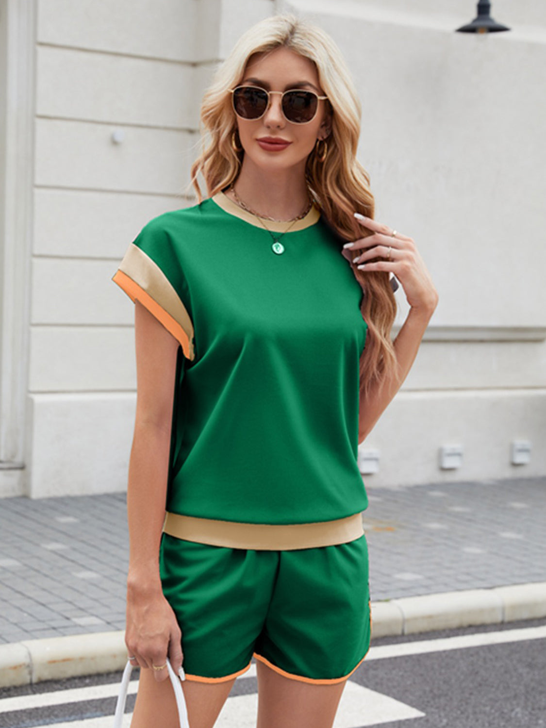 Contrast Round Neck Top and Shorts Set-Teresa&#39;s Fashionista LLC