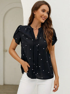 Heart Print Notched Petal Sleeve Blouse-Teresa's Fashionista LLC