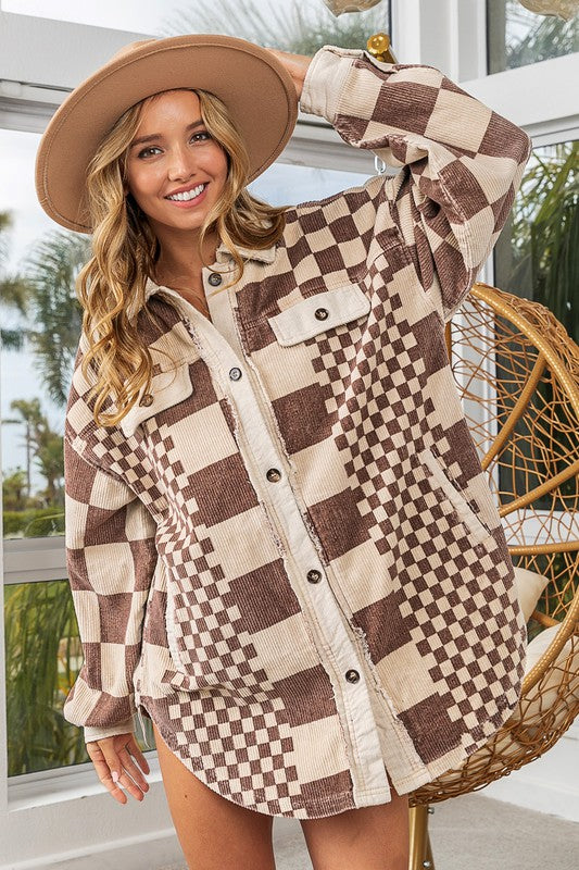 BiBi Checkered Button Down Corduroy Shacket - Teresa's Fashionista LLC