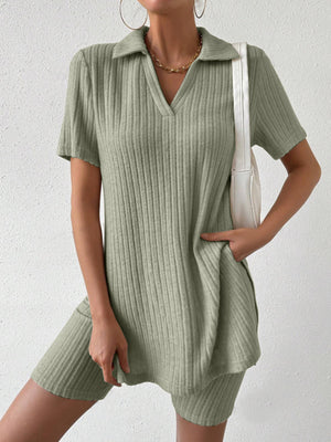 Johnny Collar Short Sleeve Top and Shorts Set-Teresa's Fashionista LLC