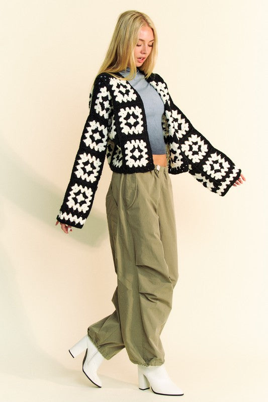 Davi & Dani Full Size Two Tone Flower Square Crochet Open Front Cardigan - Teresa's Fashionista LLC