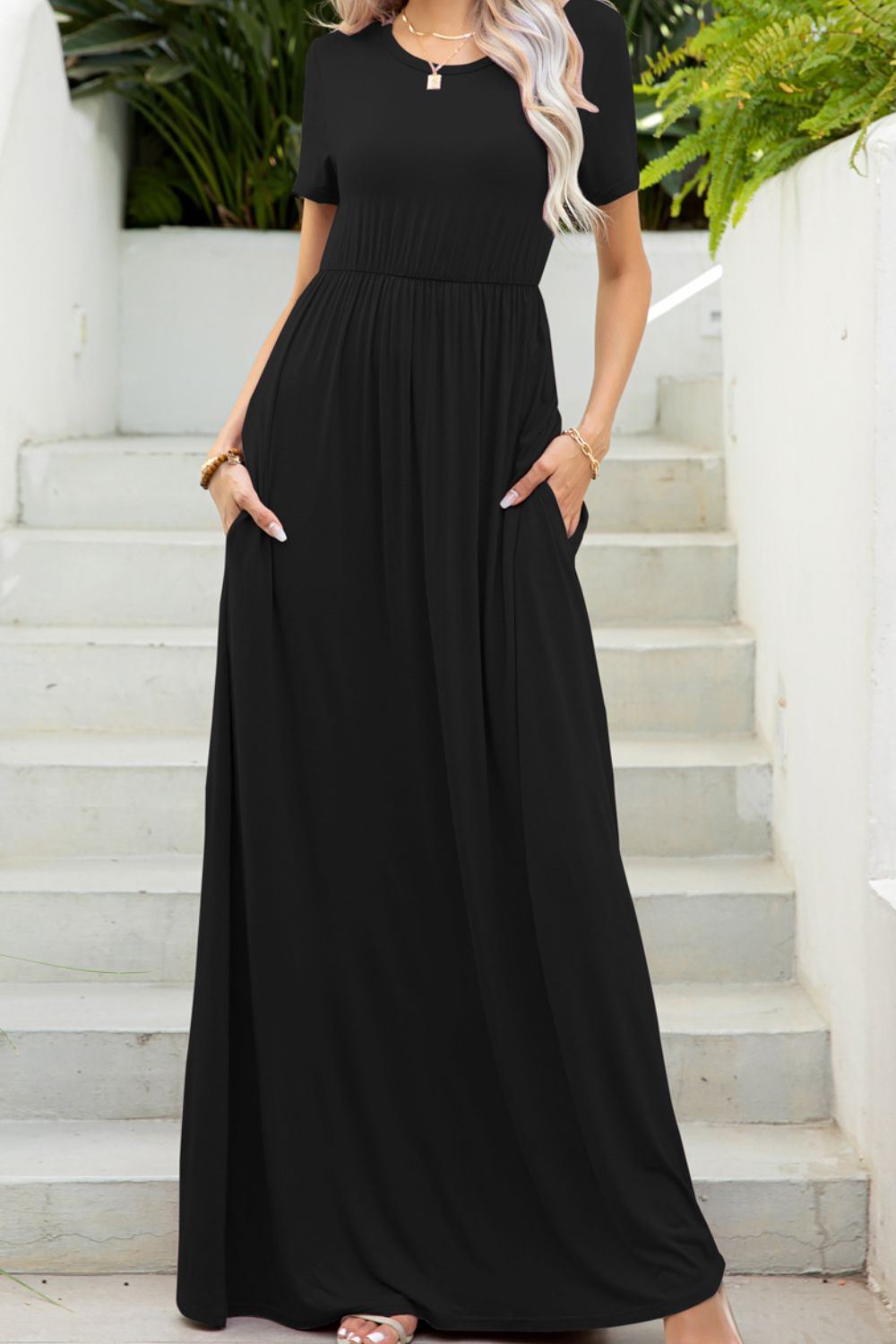 Round Neck Maxi Tee Dress with Pockets-Teresa's Fashionista LLC