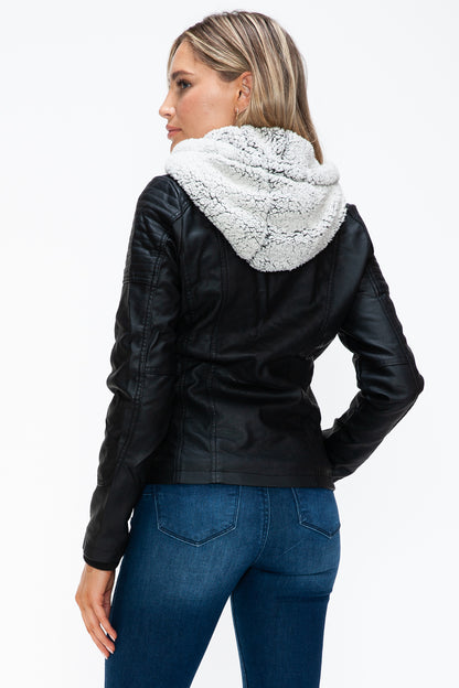 YMI Removable Faux Layered Multi-Pocket Jacket with Fuzzy Hood - Teresa's Fashionista LLC
