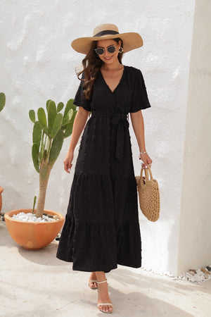 Swiss Dot Tied Surplice Short Sleeve Dress-Teresa's Fashionista LLC