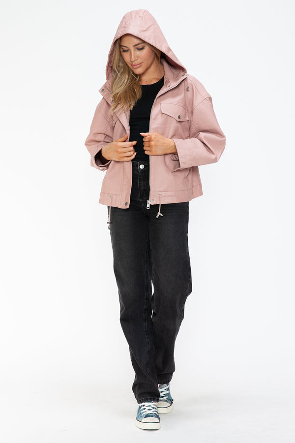 How Dare U Drawstring Hem PU Leather Zip Up Jacket - Teresa's Fashionista LLC