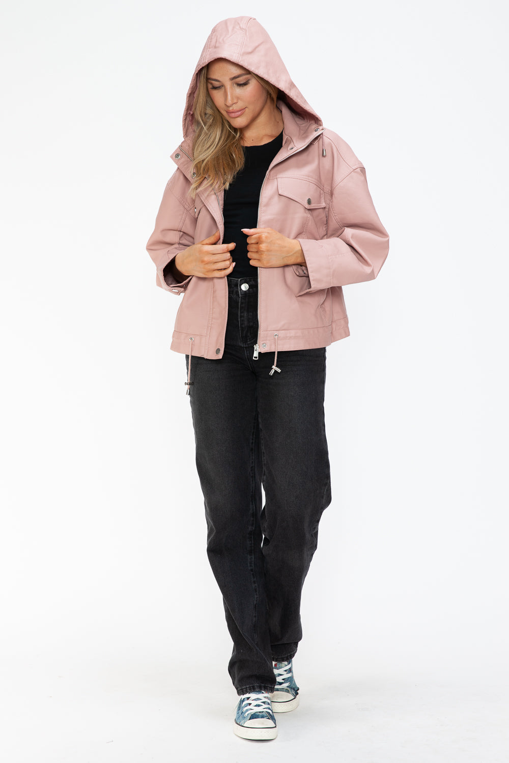 How Dare U Drawstring Hem PU Leather Zip Up Jacket - Teresa's Fashionista LLC