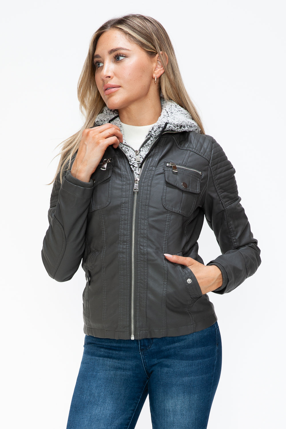 YMI Removable Faux Layered Multi-Pocket Jacket with Fuzzy Hood - Teresa's Fashionista LLC