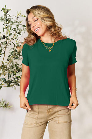 Basic Bae Full Size Round Neck Short Sleeve T-Shirt in green, made of 95% rayon and 5% spandex, slightly stretchy and opaque.