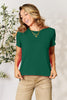 Basic Bae Full Size Round Neck Short Sleeve T-Shirt in green, made of 95% rayon and 5% spandex, slightly stretchy and opaque.