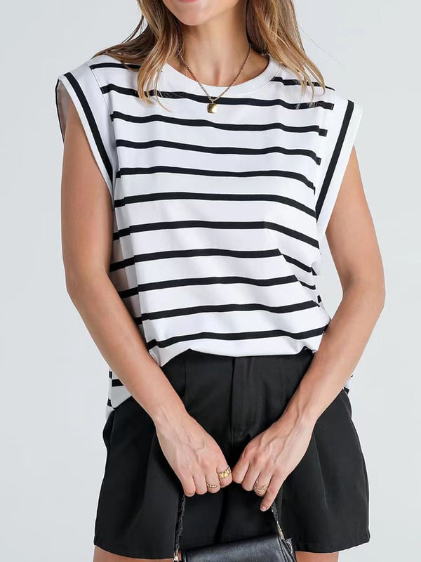 Striped Round Neck Cap Sleeve T-Shirt-Teresa's Fashionista LLC