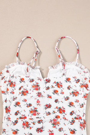 Floral frilled trim spaghetti straps bodysuit with red and green floral pattern on white background.
