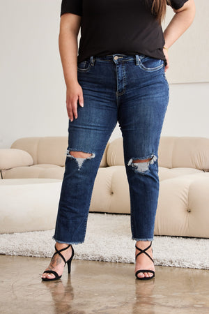 RFM Crop Dylan Full Size Tummy Control Distressed High Waist Raw Hem Jeans-Teresa's Fashionista LLC