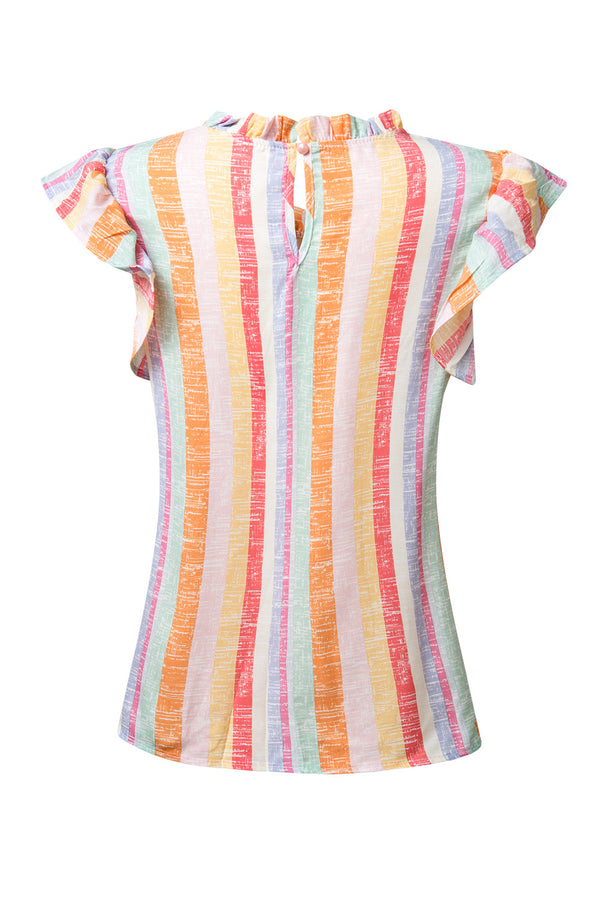 Ruffled Striped Round Neck Cap Sleeve Blouse-Teresa's Fashionista LLC
