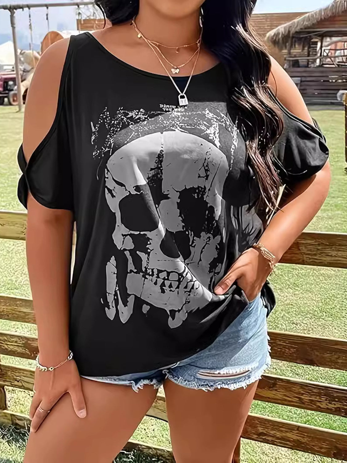Plus Size Skeleton Graphic Round Neck Cold Shoulder T-Shirt - Teresa's Fashionista LLC