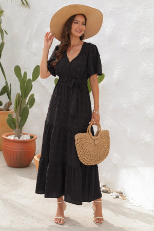 Swiss Dot Tied Surplice Short Sleeve Dress-Teresa's Fashionista LLC